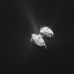 Single frame enhanced image taken when Rosetta was 141.4 km from the nucleus of the comet. Image copyright: ESA/Rosetta/NAVCAM – CC BY-SA IGO 3.0