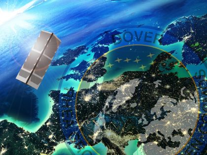 RHEA Group's DOVER Pathfinder satellite illustrated over Europe with mission patch superimposed on top