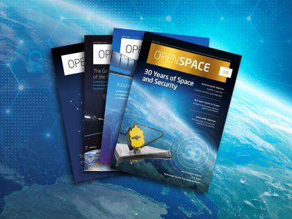 RHEA Group's OpenSpace 30 magazine - thumbnail image of four magazines on an a satellite image of the world