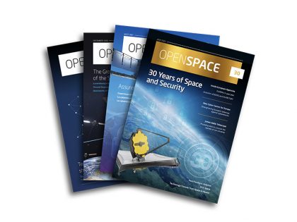 RHEA Group's OpenSpace 30 magazine - thumbnail image of four magazines on an a satellite image of the world