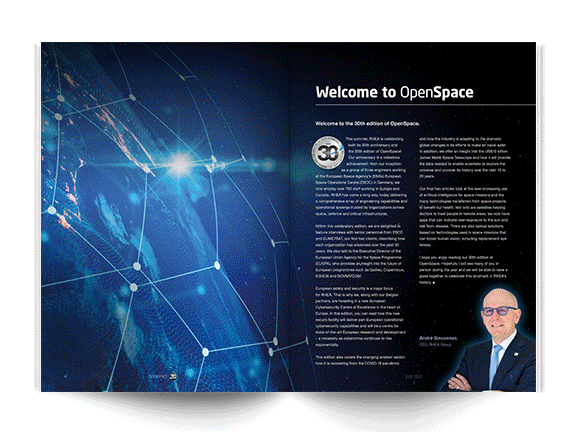 Animated GIF showing pages from RHEA Group's OpenSpace 30 magazine