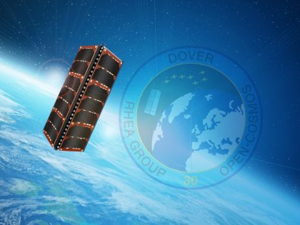 Illustration of RHEA Group's DOVER Pathfinder satellite above Earth with mission patch
