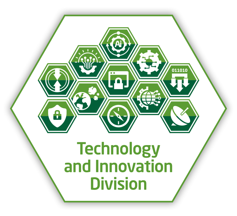 Graphic showing green icons for RHEA Group Technology and Innovation division Competence Areas in a large green hexagon